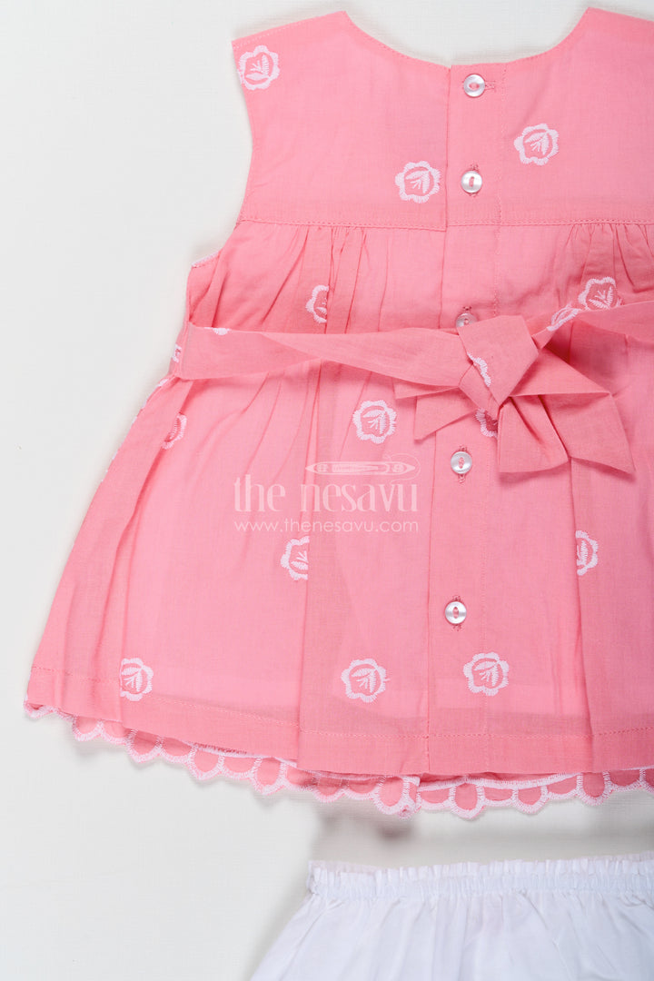 Engagement Frock for Baby Girls in Peach Pink Hakoba Cotton with White Embroidery and Bloomers