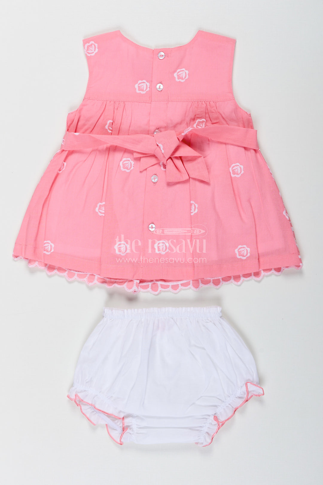 Engagement Frock for Baby Girls in Peach Pink Hakoba Cotton with White Embroidery and Bloomers