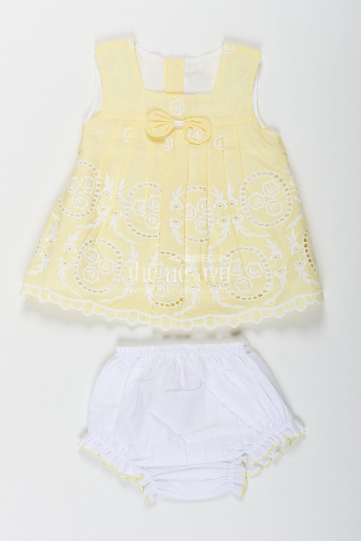 Ethnic Frock Suit for Baby Girls in Lemon Yellow Cotton with White Hakoba Embroidery