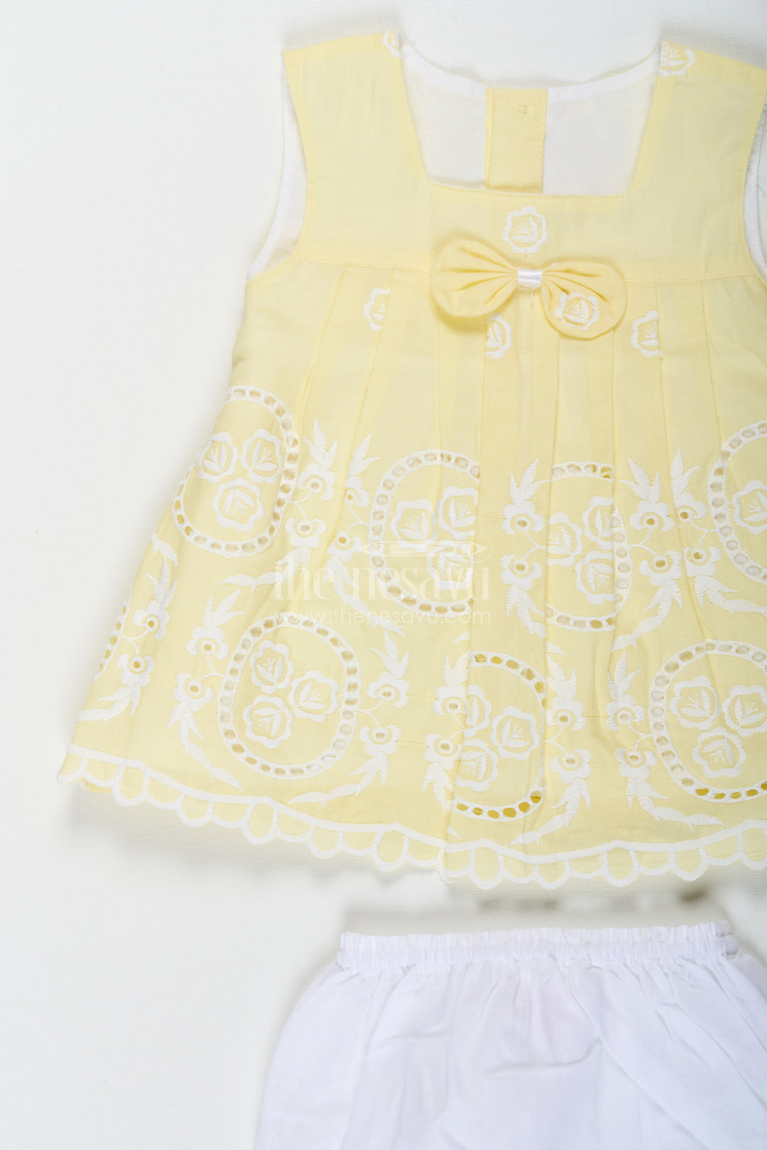 Ethnic Frock Suit for Baby Girls in Lemon Yellow Cotton with White Hakoba Embroidery