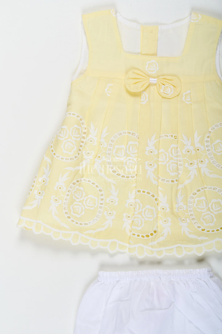 Ethnic Frock Suit for Baby Girls in Lemon Yellow Cotton with White Hakoba Embroidery
