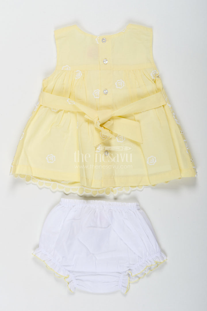 Ethnic Frock Suit for Baby Girls in Lemon Yellow Cotton with White Hakoba Embroidery
