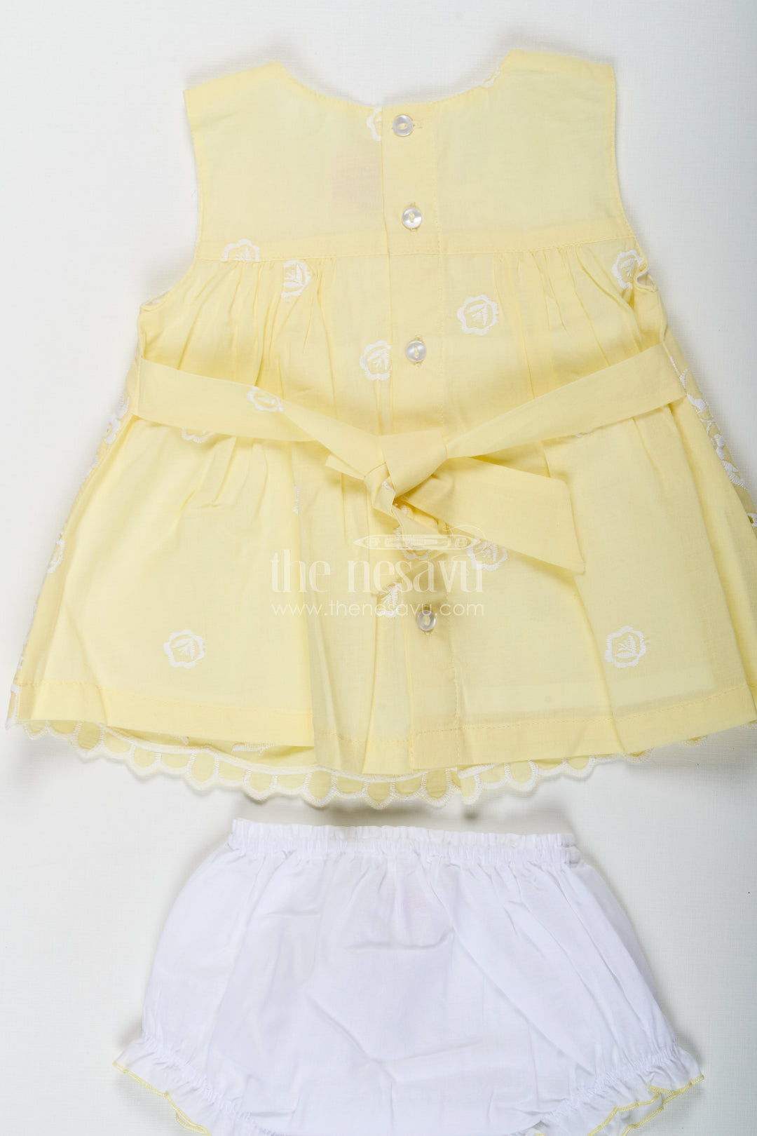 Ethnic Frock Suit for Baby Girls in Lemon Yellow Cotton with White Hakoba Embroidery