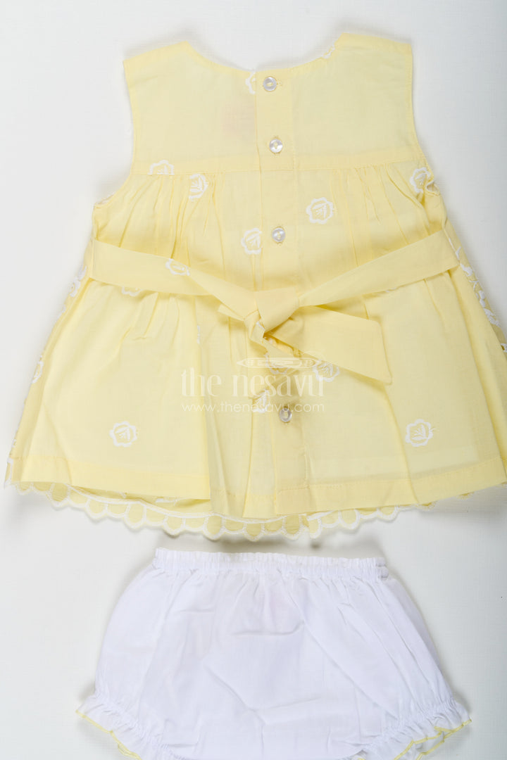 Ethnic Frock Suit for Baby Girls in Lemon Yellow Cotton with White Hakoba Embroidery