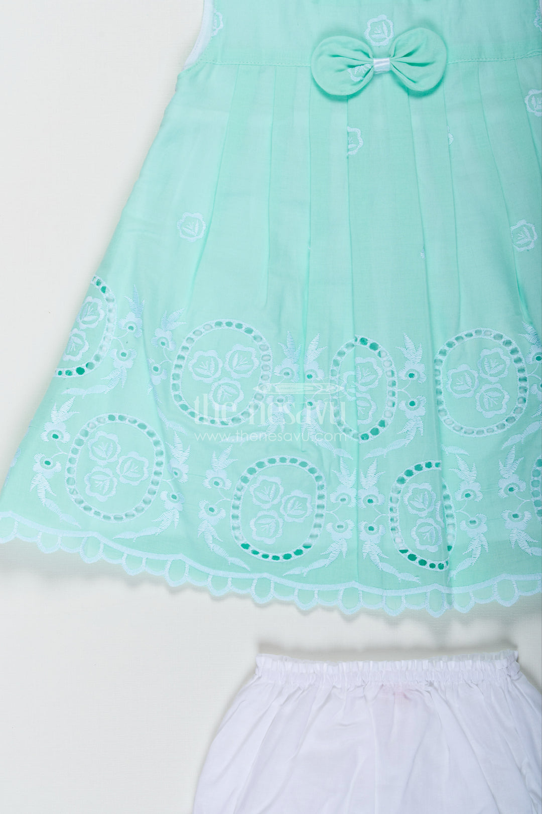 Fancy Frock Suit for Baby Girls in Light Green Cotton Hakoba Embroidery with Bloomers
