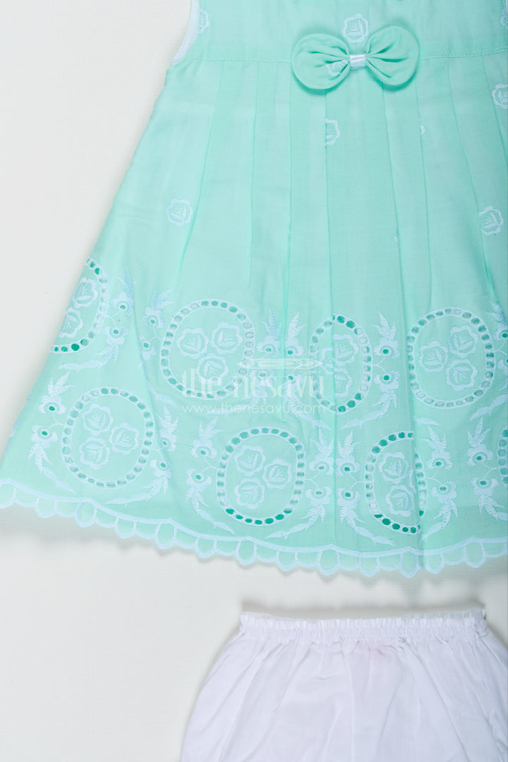 Fancy Frock Suit for Baby Girls in Light Green Cotton Hakoba Embroidery with Bloomers