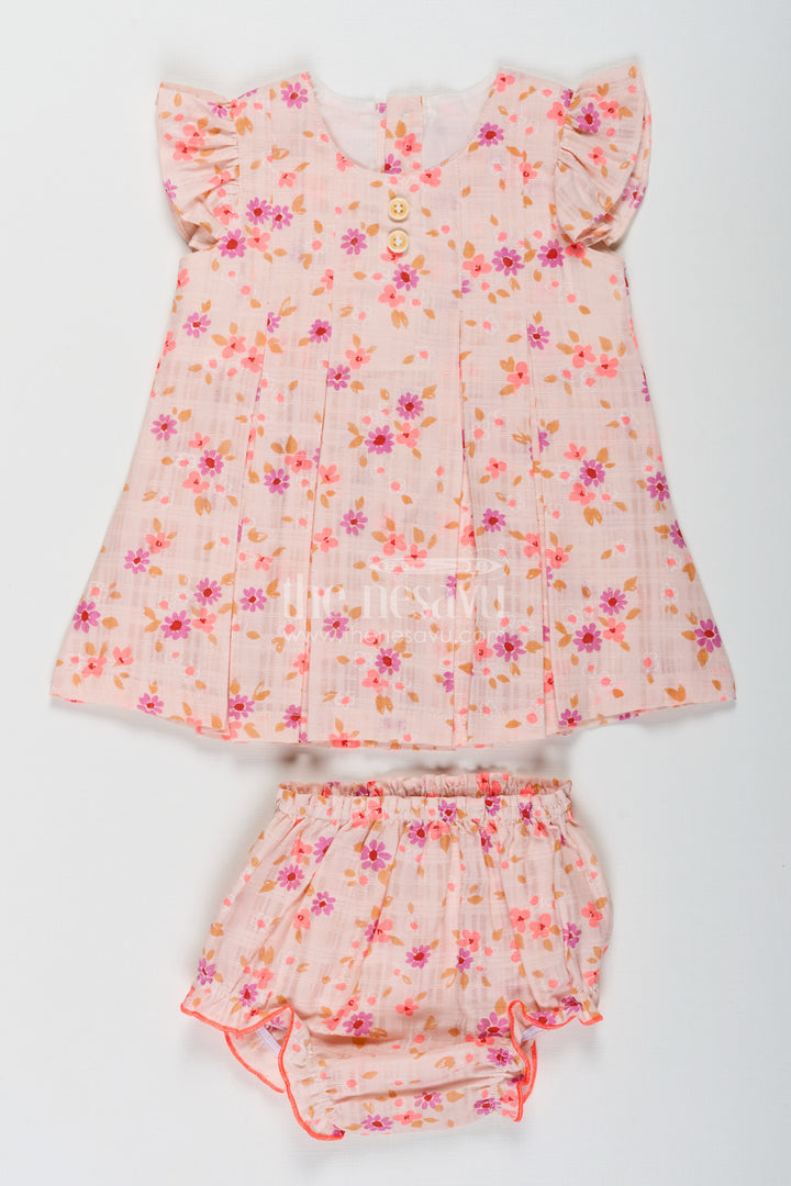 First Birthday Frock for Baby Girls in Beige Printed Cotton with Colorful Floral Design