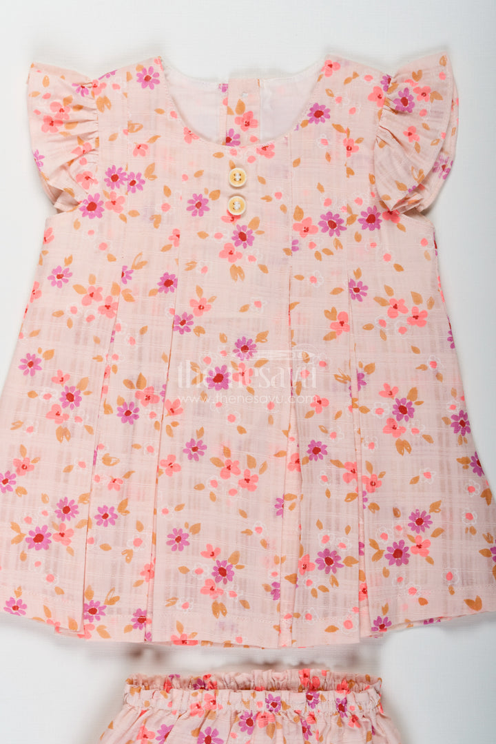 First Birthday Frock for Baby Girls in Beige Printed Cotton with Colorful Floral Design