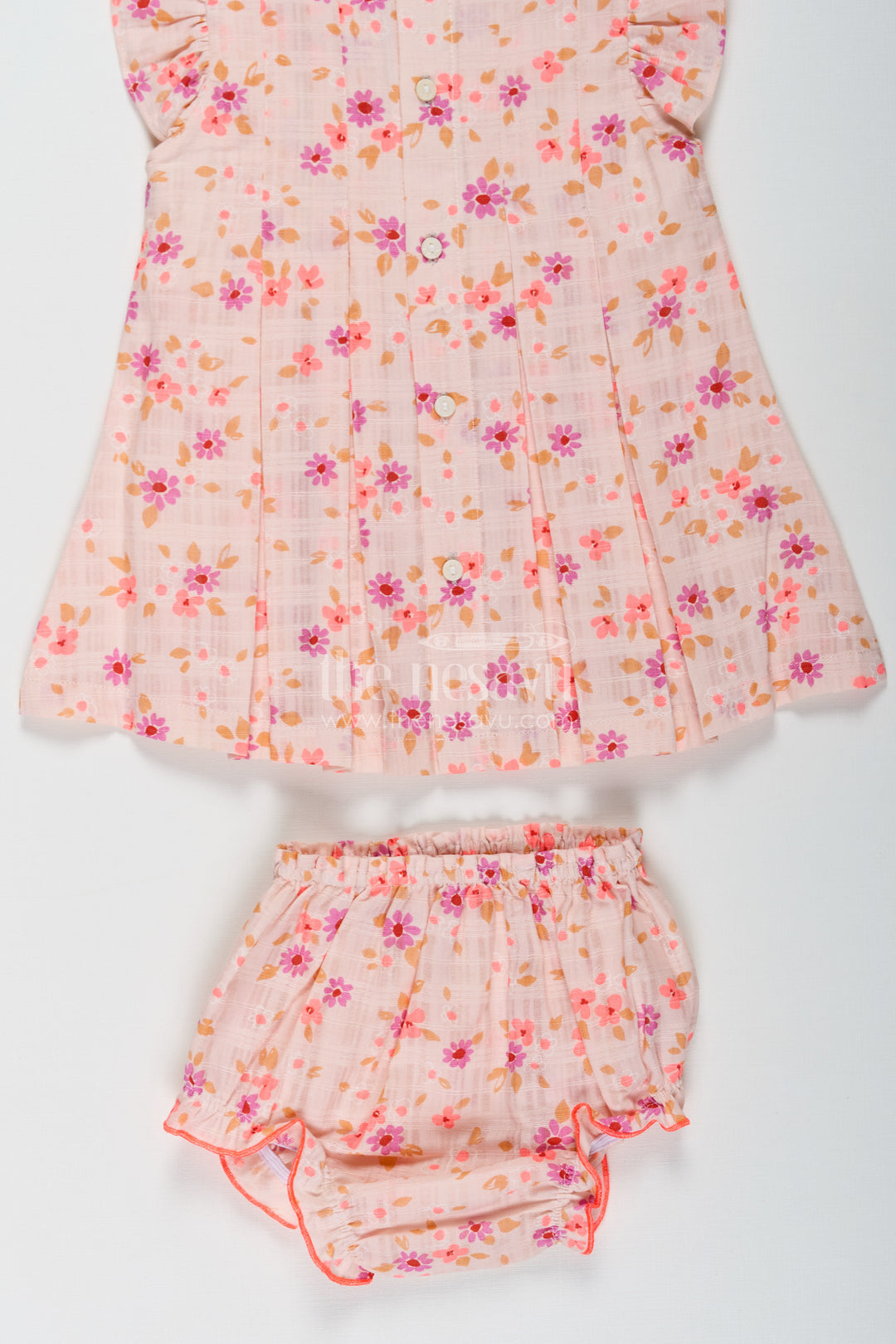 First Birthday Frock for Baby Girls in Beige Printed Cotton with Colorful Floral Design