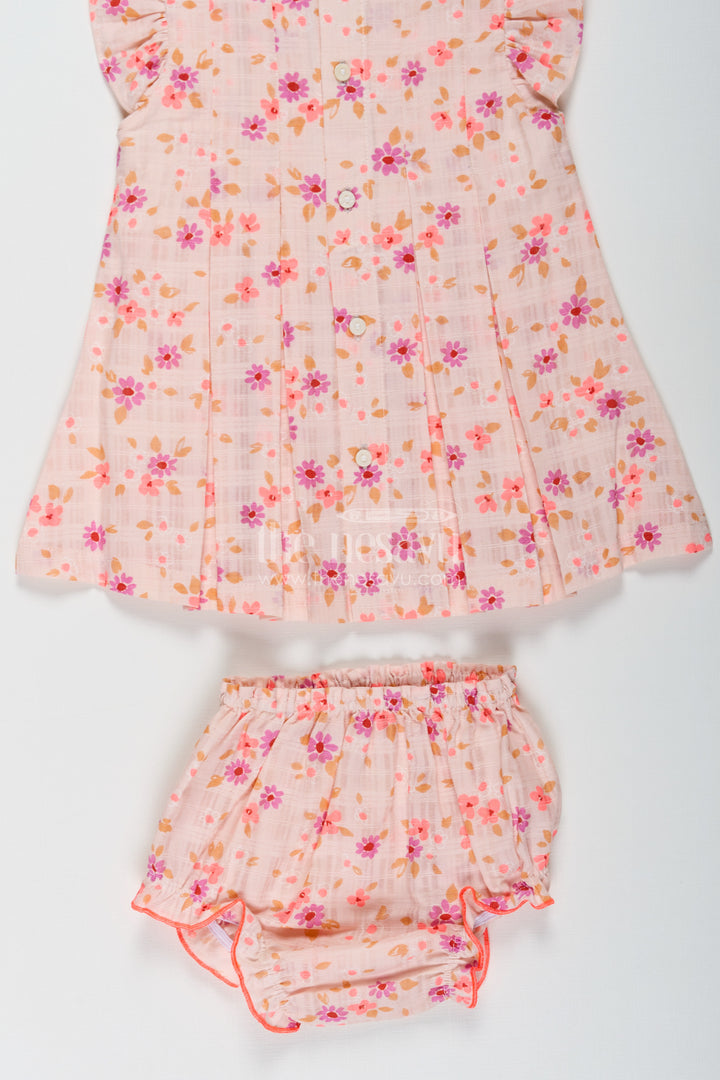 First Birthday Frock for Baby Girls in Beige Printed Cotton with Colorful Floral Design