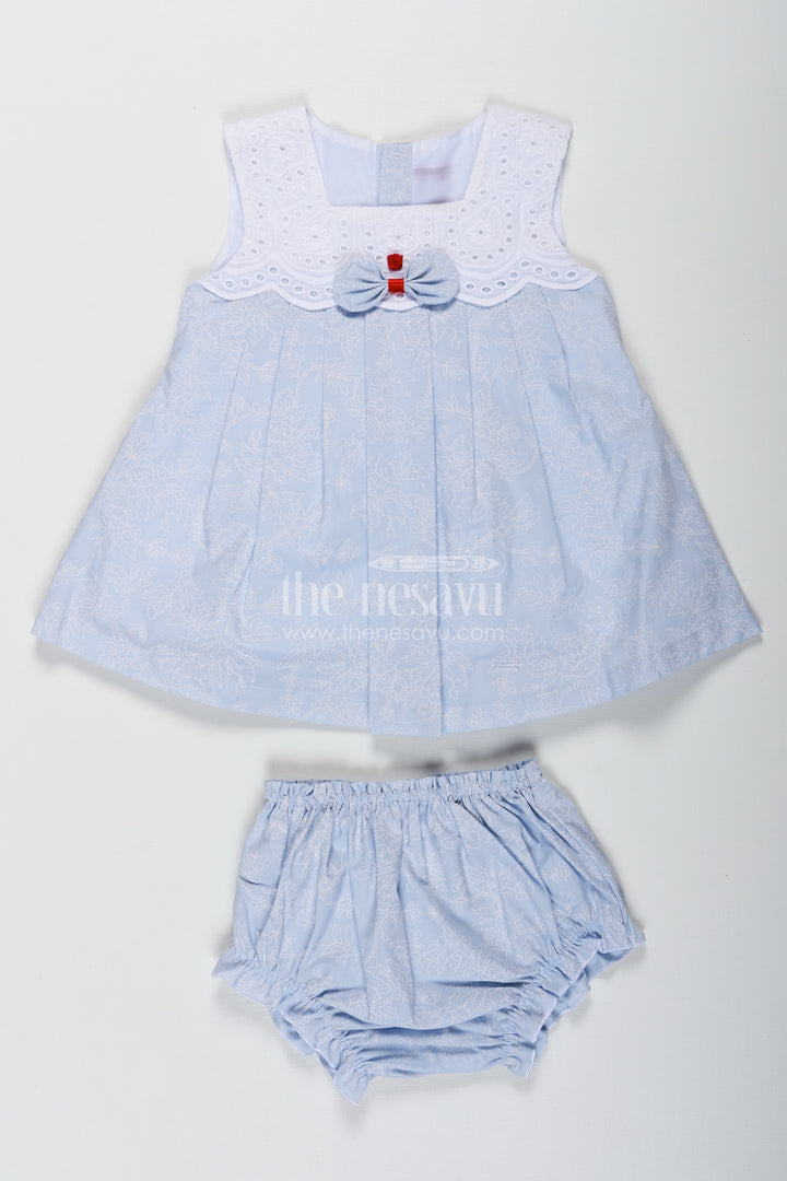 Frock Suit Cotton Mein in Light Blue Floral Self-Printed Fabric with White Yoke and Bloomers