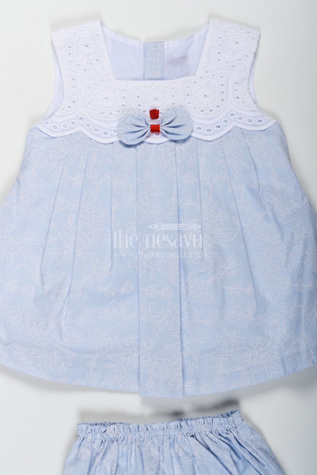 Frock Suit Cotton Mein in Light Blue Floral Self-Printed Fabric with White Yoke and Bloomers