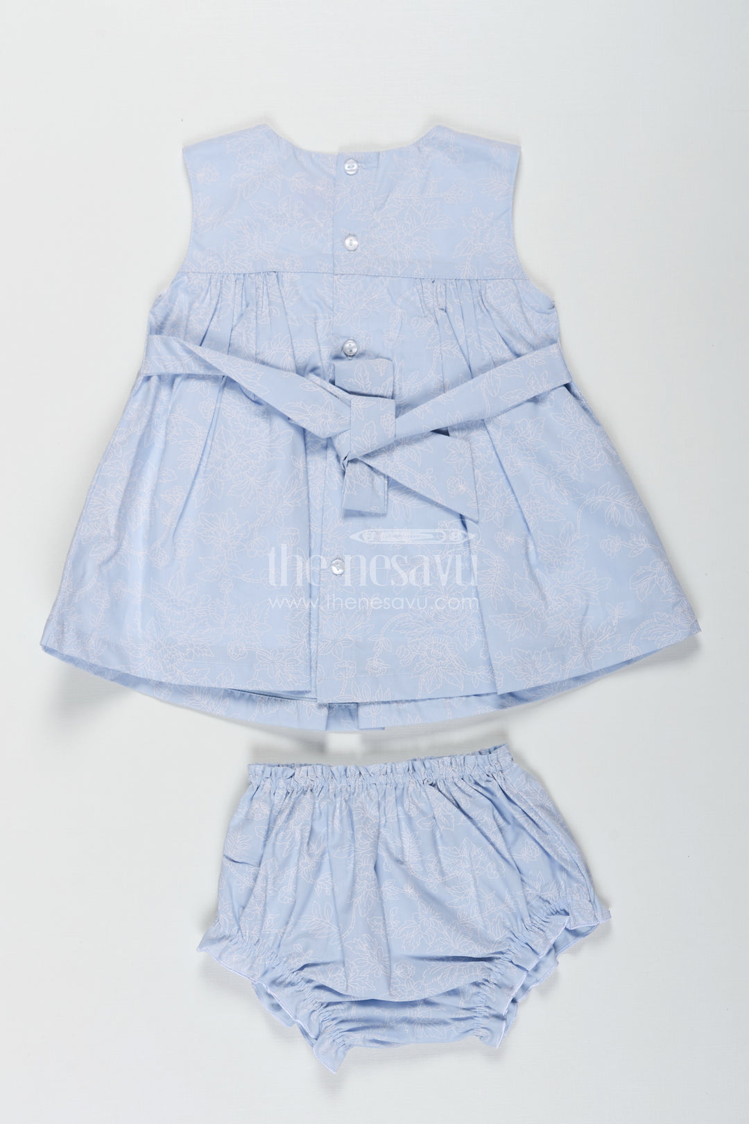 Frock Suit Cotton Mein in Light Blue Floral Self-Printed Fabric with White Yoke and Bloomers