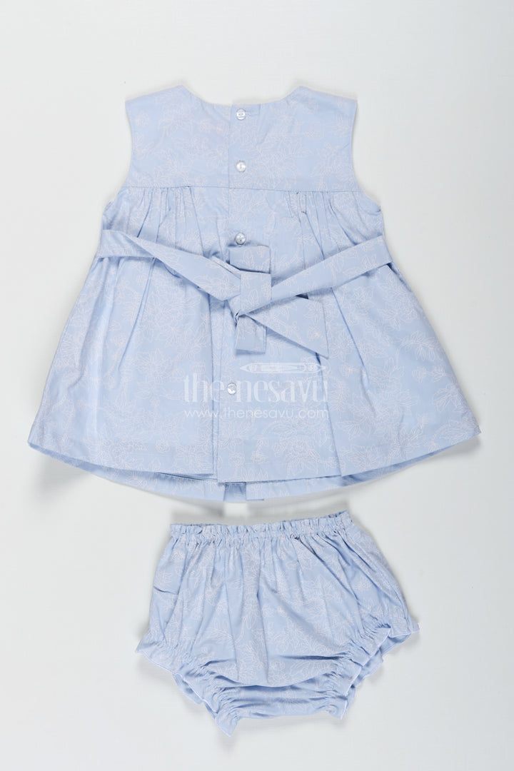 Frock Suit Cotton Mein in Light Blue Floral Self-Printed Fabric with White Yoke and Bloomers