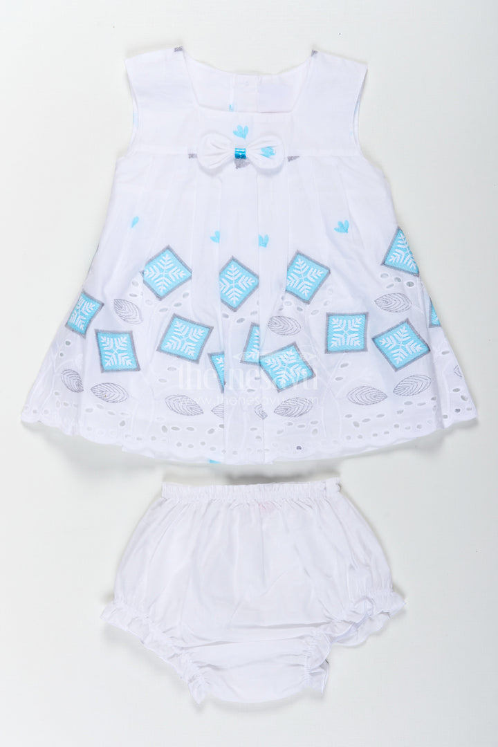 Frock Suit Readymade in White Cotton with Blue Embroidery and Decorative Cutwork Hem