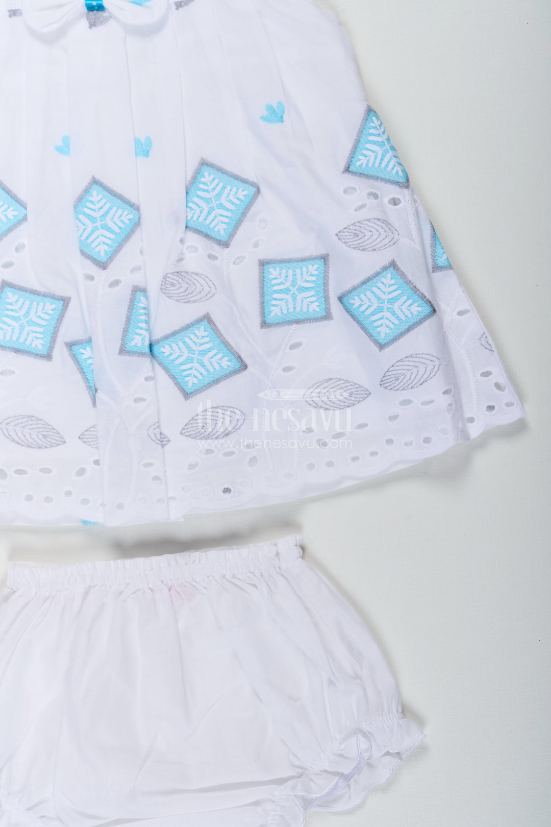 Frock Suit Readymade in White Cotton with Blue Embroidery and Decorative Cutwork Hem