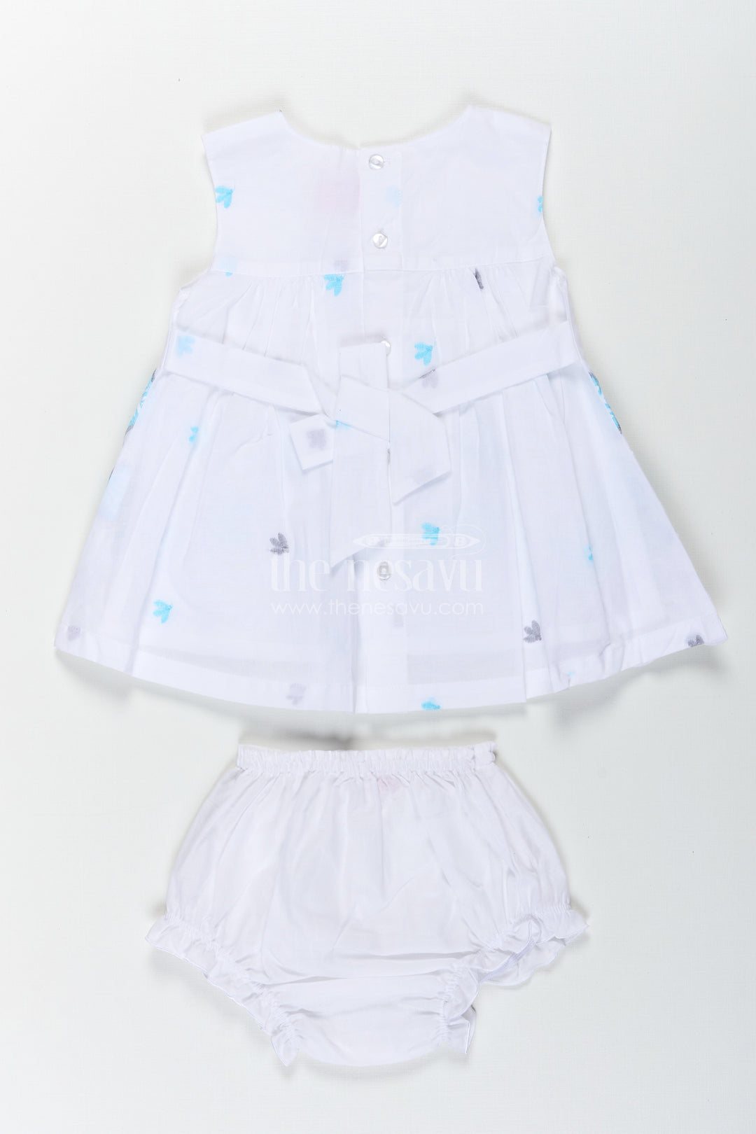 Frock Suit Readymade in White Cotton with Blue Embroidery and Decorative Cutwork Hem