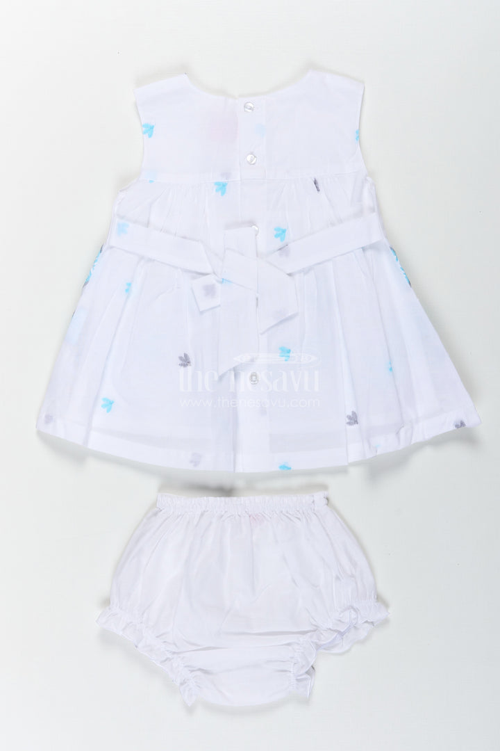 Frock Suit Readymade in White Cotton with Blue Embroidery and Decorative Cutwork Hem