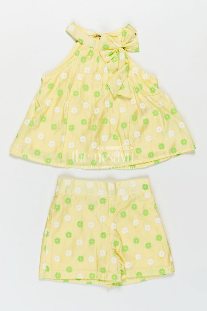 Baby Girls Cotton Poplin Casual Clothes Set in Green with Floral Design and Tie Shoulder Top