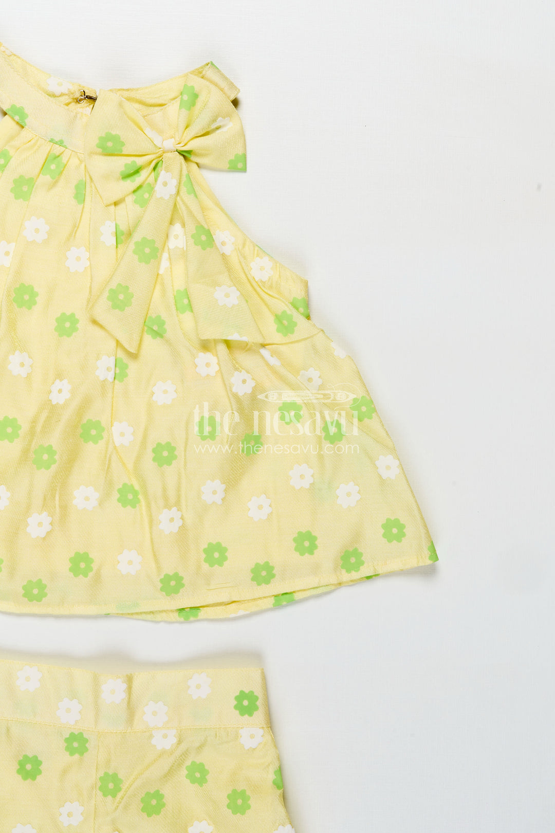 Baby Girls Cotton Poplin Casual Clothes Set in Green with Floral Design and Tie Shoulder Top