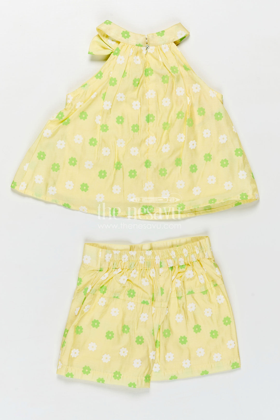 Baby Girls Cotton Poplin Casual Clothes Set in Green with Floral Design and Tie Shoulder Top