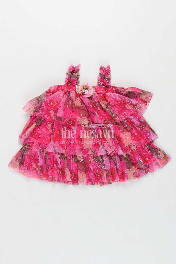 Infant Apparel Pink Baby Fancy Frock with Floral Digital Print and Layered Ruffles in Soft Net Fabric