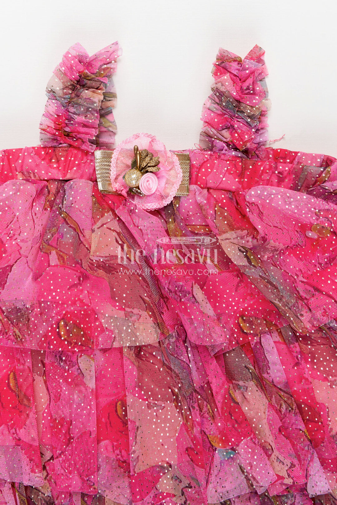 Infant Apparel Pink Baby Fancy Frock with Floral Digital Print and Layered Ruffles in Soft Net Fabric