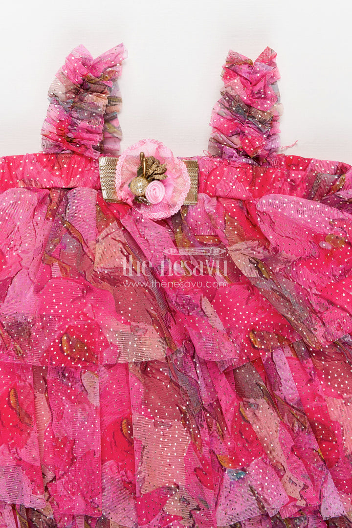 Infant Apparel Pink Baby Fancy Frock with Floral Digital Print and Layered Ruffles in Soft Net Fabric