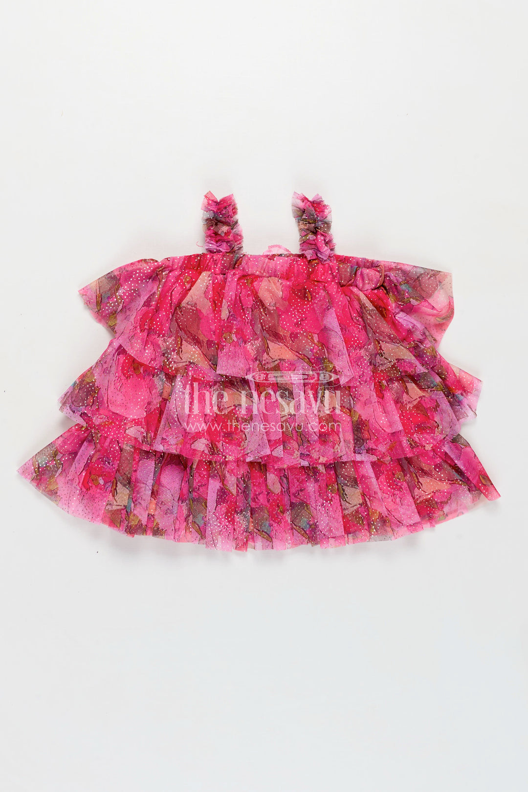 Infant Apparel Pink Baby Fancy Frock with Floral Digital Print and Layered Ruffles in Soft Net Fabric