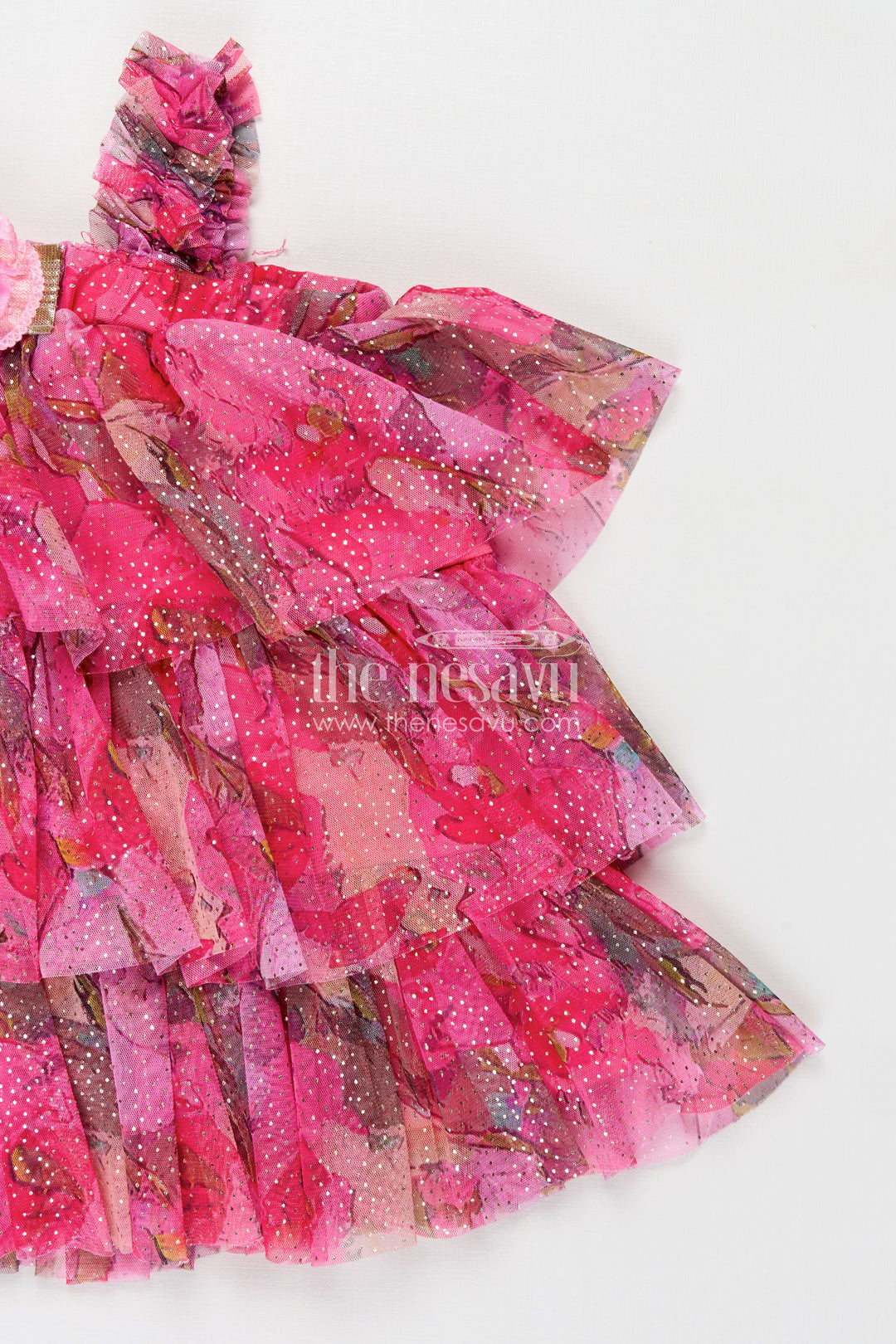 Infant Apparel Pink Baby Fancy Frock with Floral Digital Print and Layered Ruffles in Soft Net Fabric