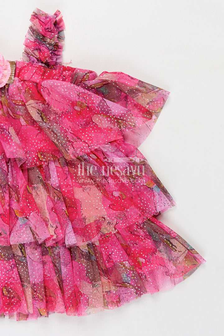 Infant Apparel Pink Baby Fancy Frock with Floral Digital Print and Layered Ruffles in Soft Net Fabric