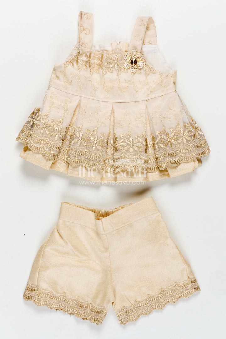 Newborn Dresses Beige Baby Casual Set with Embroidered Soft Net Yoke and Matching Shorts and Headband