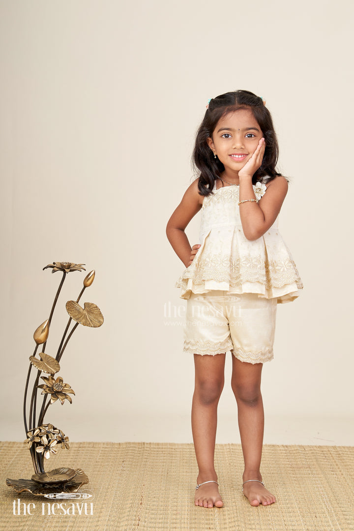 Newborn Dresses Beige Baby Casual Set with Embroidered Soft Net Yoke and Matching Shorts and Headband