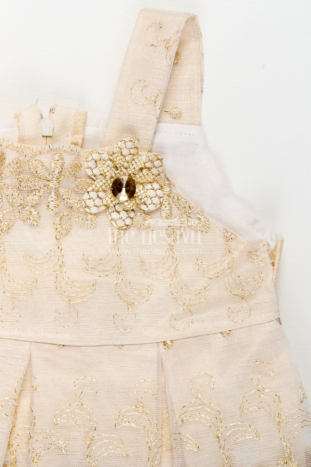 Newborn Dresses Beige Baby Casual Set with Embroidered Soft Net Yoke and Matching Shorts and Headband