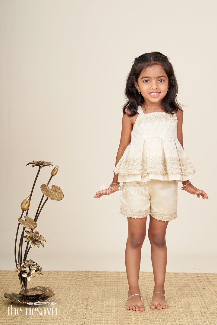 Newborn Dresses Beige Baby Casual Set with Embroidered Soft Net Yoke and Matching Shorts and Headband
