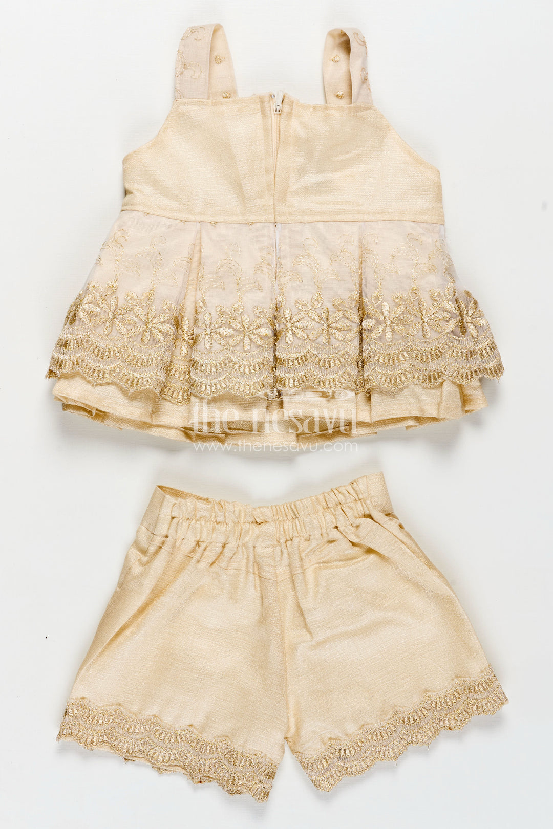 Newborn Dresses Beige Baby Casual Set with Embroidered Soft Net Yoke and Matching Shorts and Headband