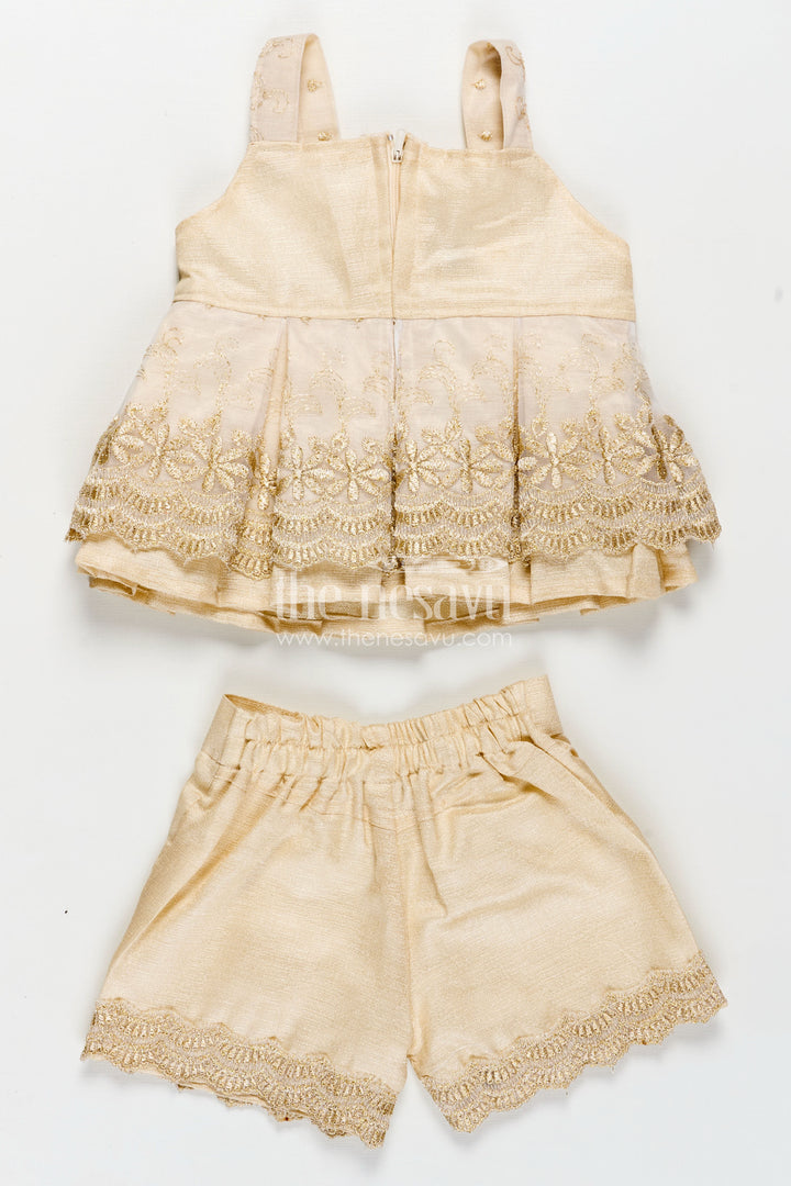 Newborn Dresses Beige Baby Casual Set with Embroidered Soft Net Yoke and Matching Shorts and Headband