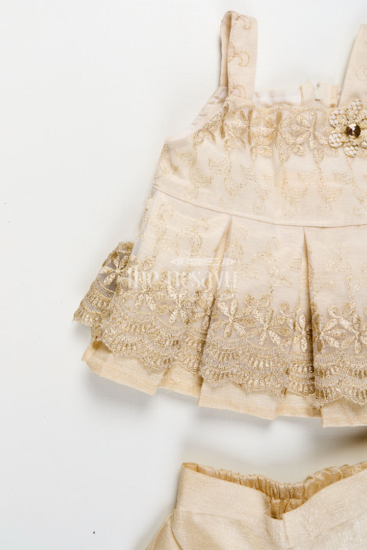 Newborn Dresses Beige Baby Casual Set with Embroidered Soft Net Yoke and Matching Shorts and Headband