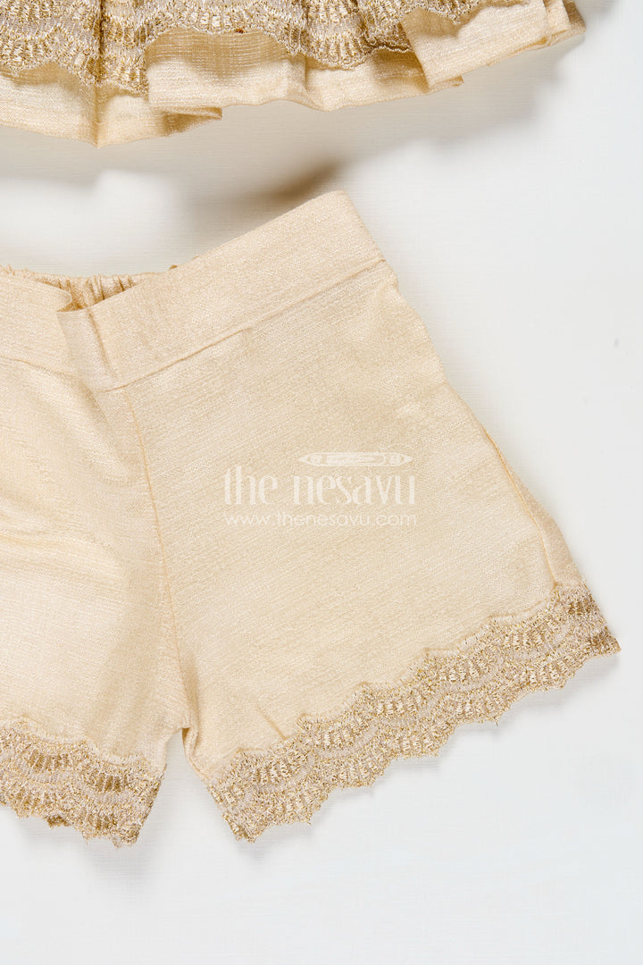 Newborn Dresses Beige Baby Casual Set with Embroidered Soft Net Yoke and Matching Shorts and Headband