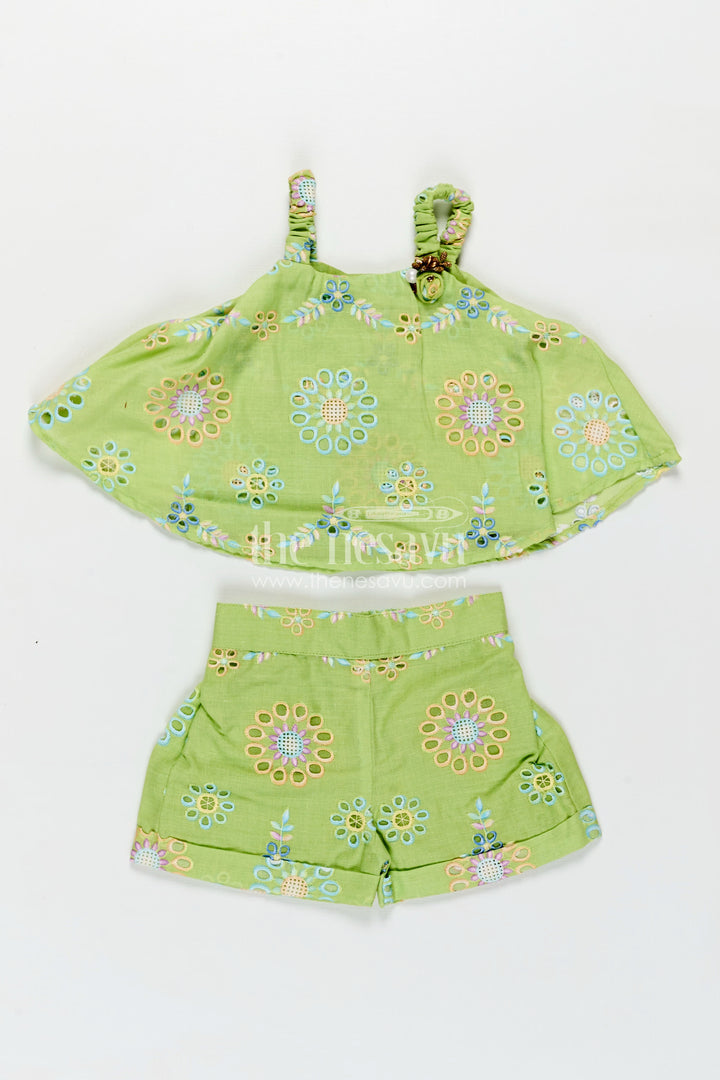 New Born Dresses Green Hakoba Embroidered Baby Top and Shorts Set with Floral Cutwork Design