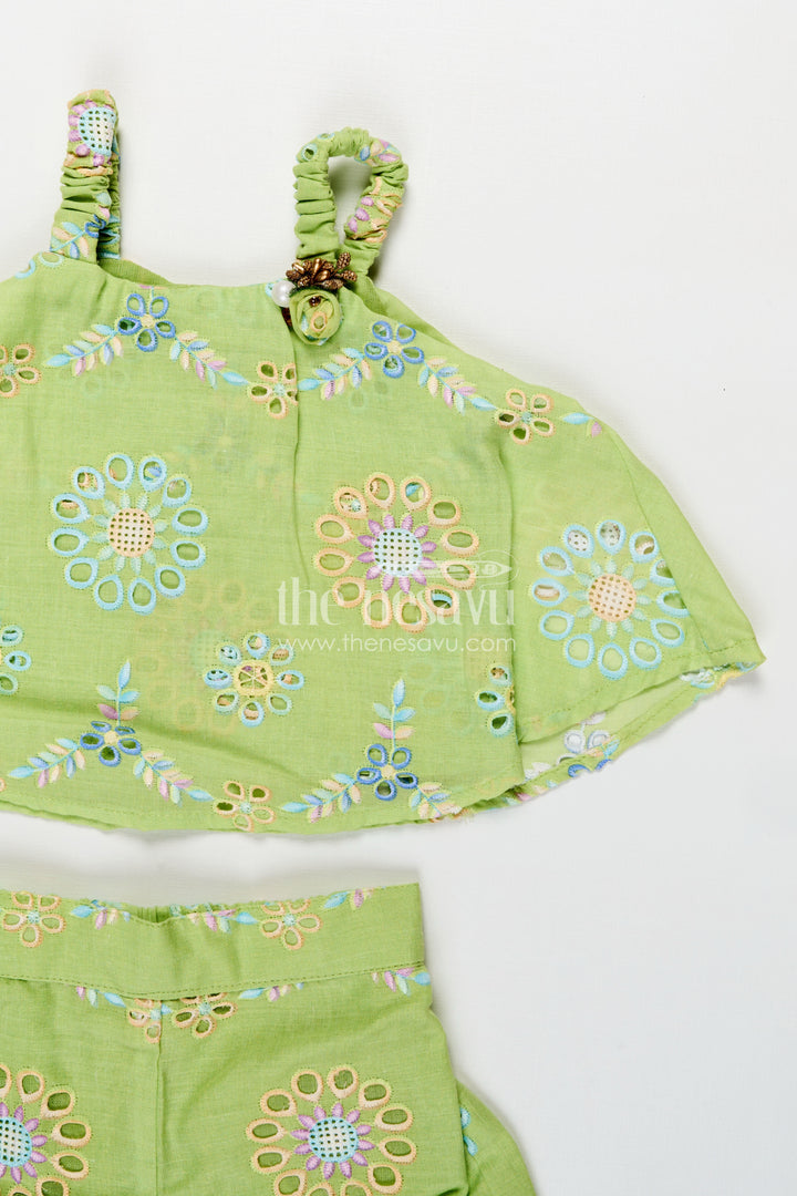 New Born Dresses Green Hakoba Embroidered Baby Top and Shorts Set with Floral Cutwork Design