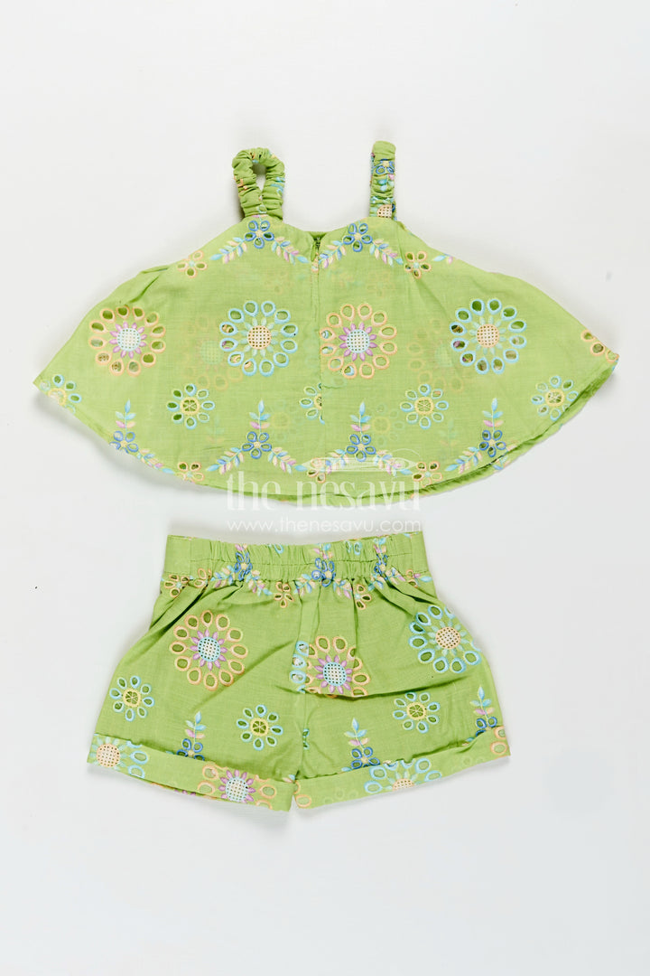 New Born Dresses Green Hakoba Embroidered Baby Top and Shorts Set with Floral Cutwork Design