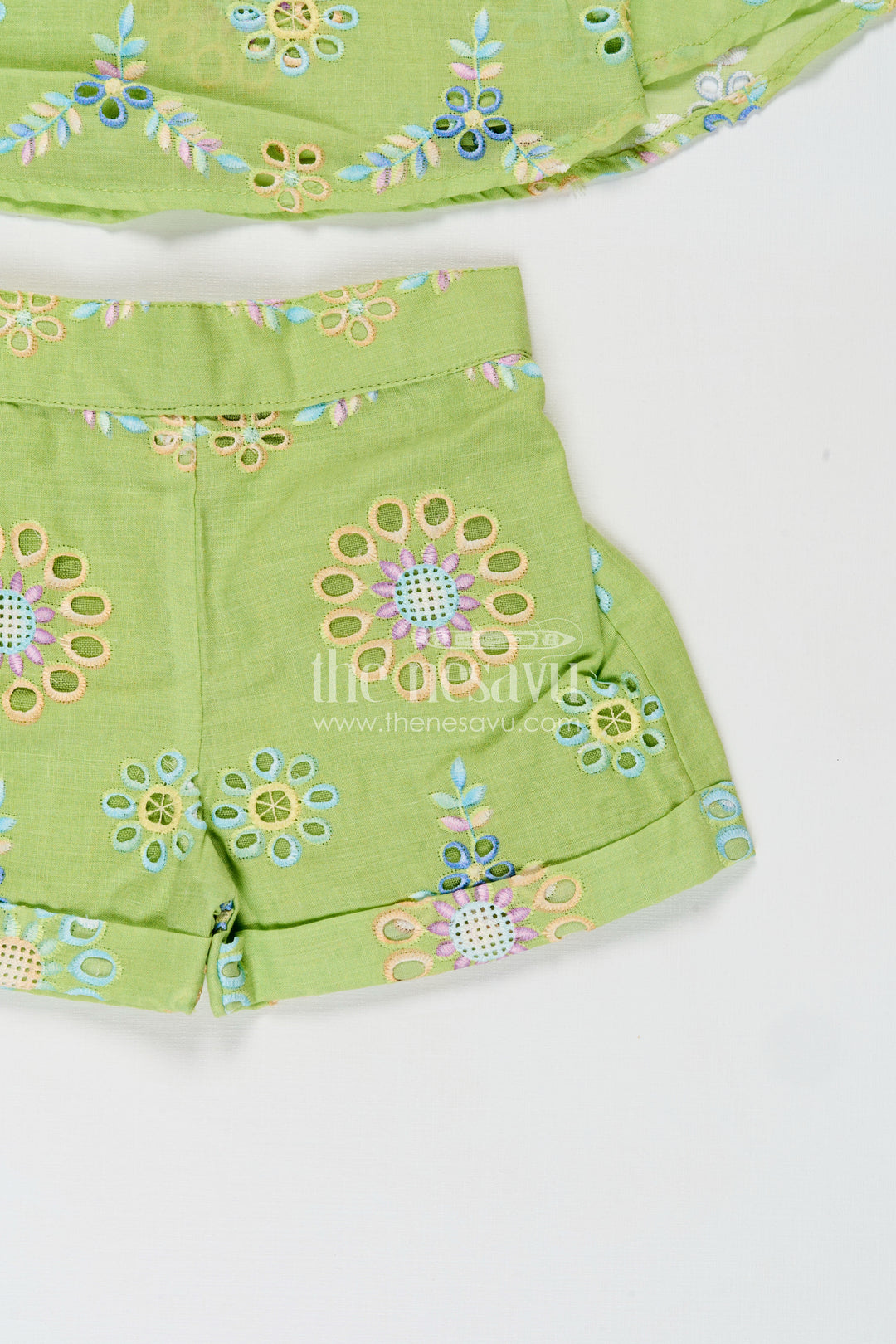 New Born Dresses Green Hakoba Embroidered Baby Top and Shorts Set with Floral Cutwork Design