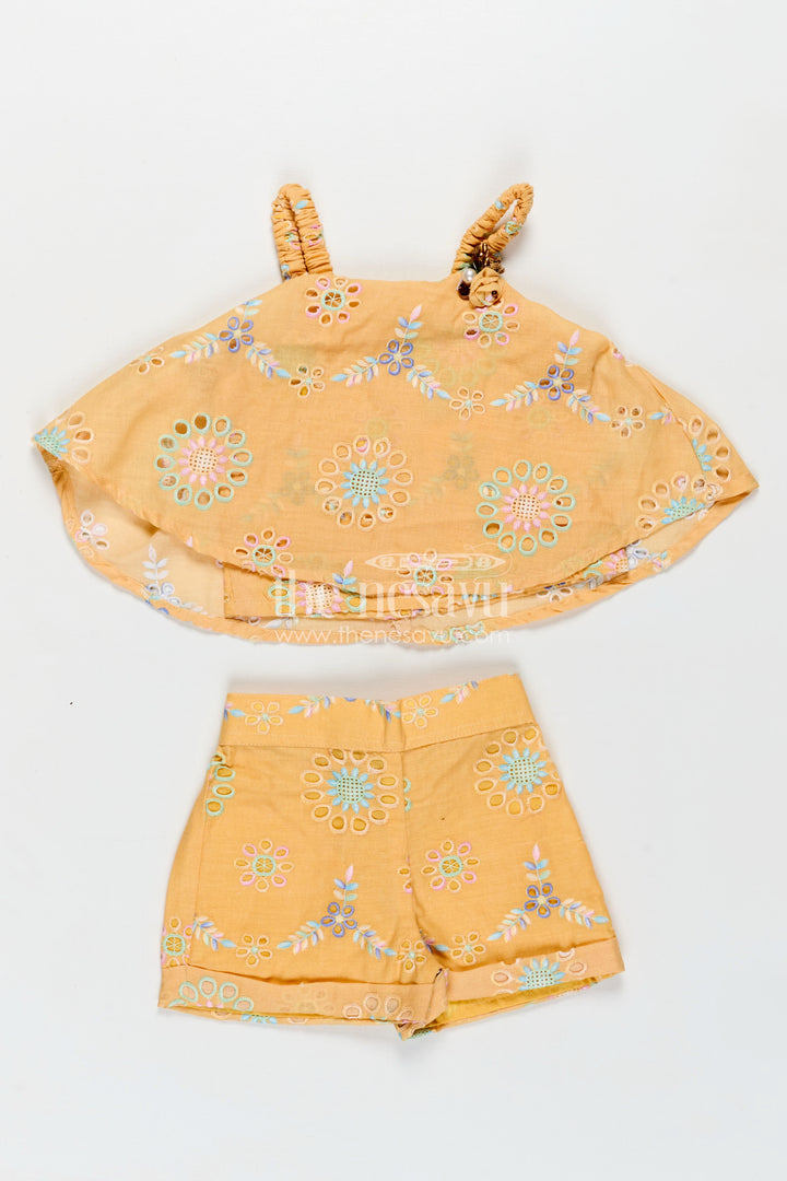 Infant Summer Clothes Yellow Hakoba Embroidered Baby Top and Shorts Set with Pastel Floral Detailing