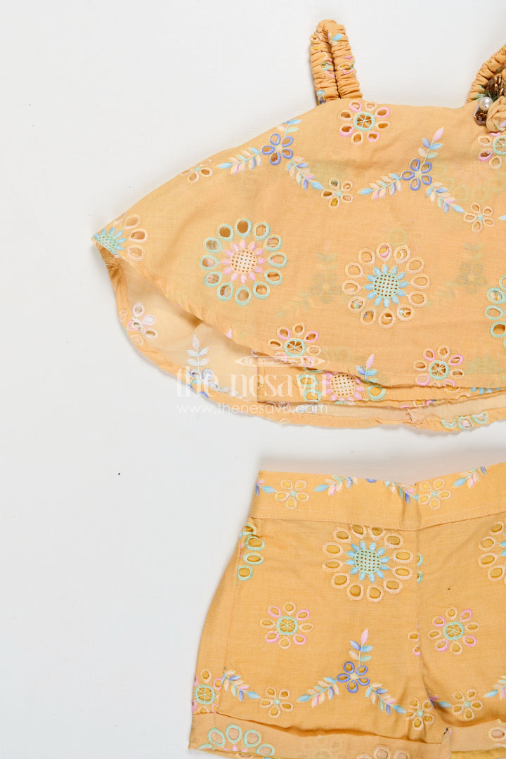Infant Summer Clothes Yellow Hakoba Embroidered Baby Top and Shorts Set with Pastel Floral Detailing