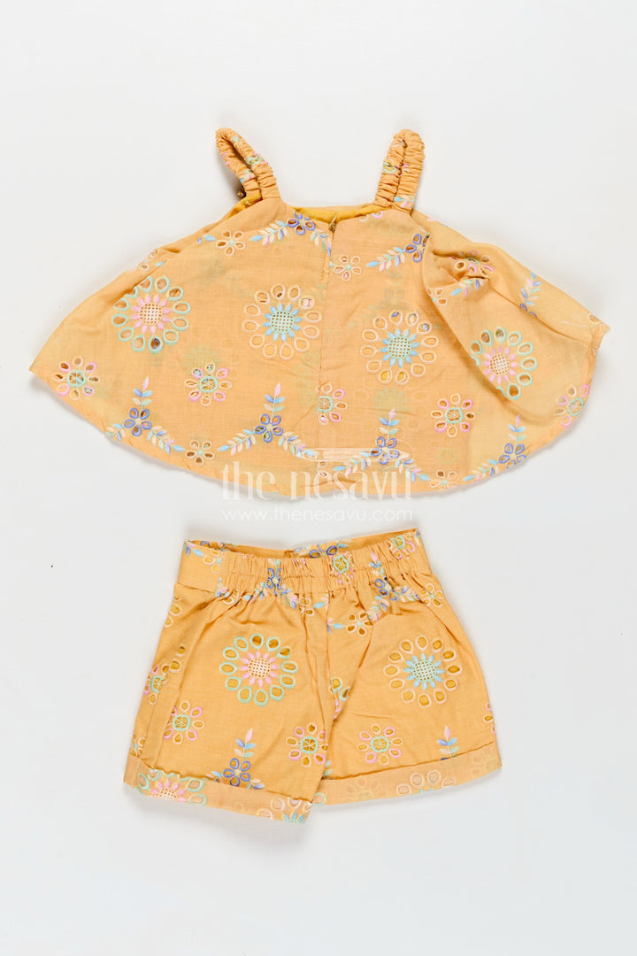 Infant Summer Clothes Yellow Hakoba Embroidered Baby Top and Shorts Set with Pastel Floral Detailing