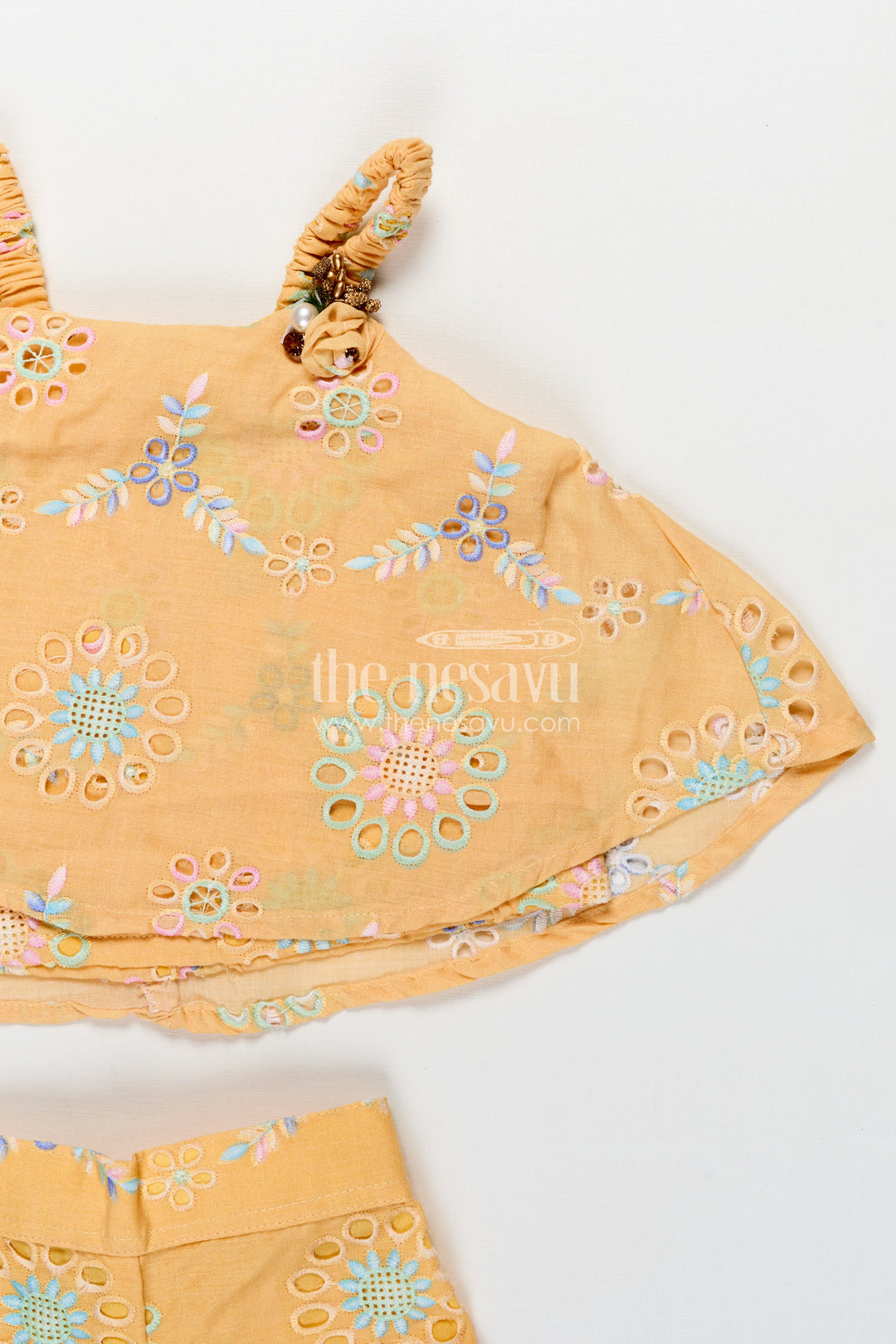 Infant Summer Clothes Yellow Hakoba Embroidered Baby Top and Shorts Set with Pastel Floral Detailing