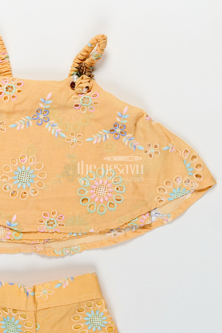 Infant Summer Clothes Yellow Hakoba Embroidered Baby Top and Shorts Set with Pastel Floral Detailing