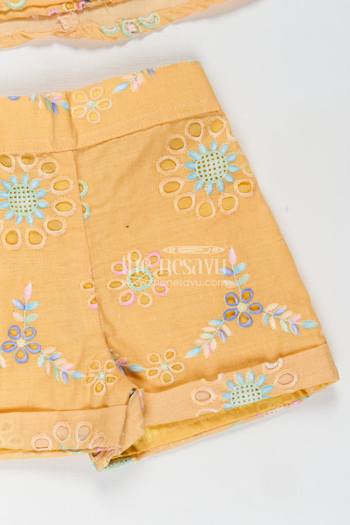Infant Summer Clothes Yellow Hakoba Embroidered Baby Top and Shorts Set with Pastel Floral Detailing