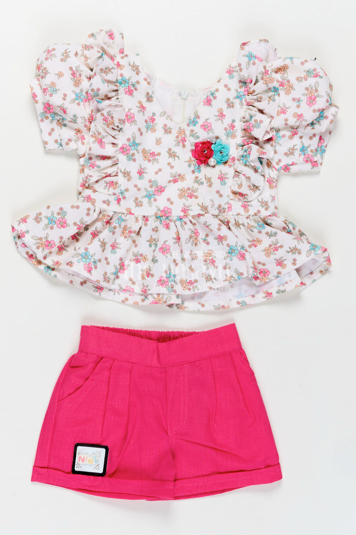Infant Clothing Online White Floral Kora Cotton Top with Ruffle Sleeves and Pink Shorts Set
